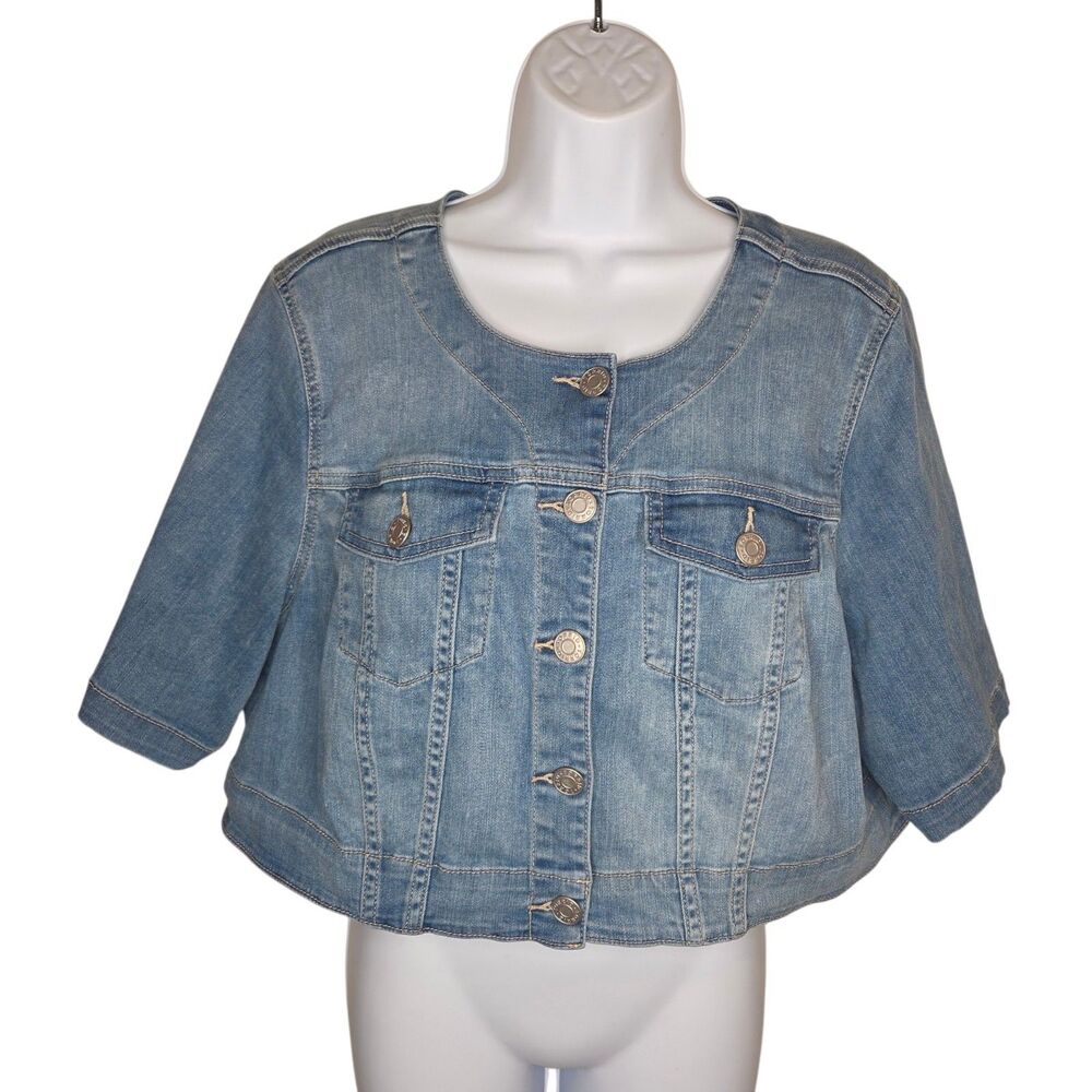 Torrid Medium Wash Collarless Short Sleeve Cropped Denim Jacket Size 2 (2X)